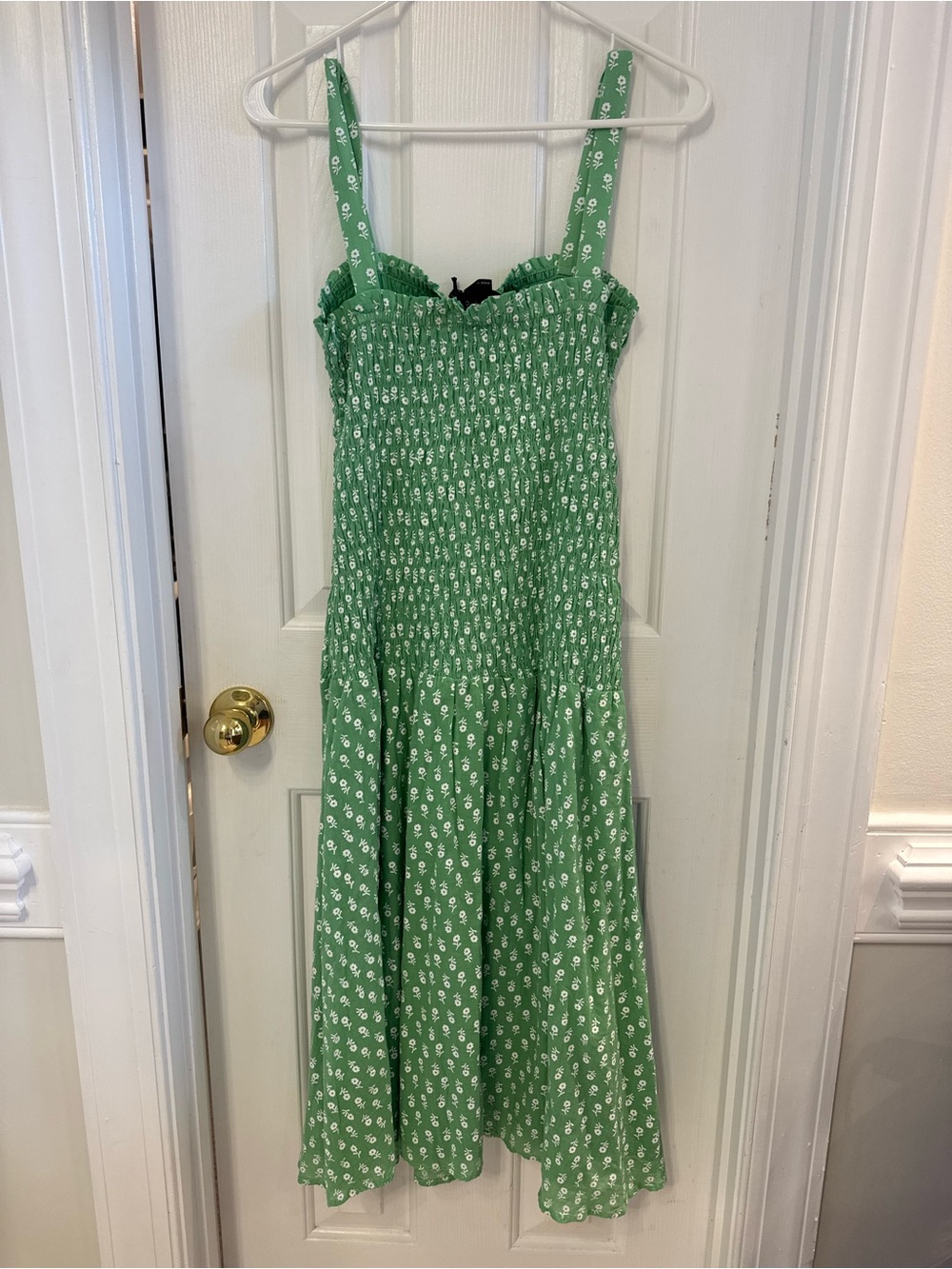 Hatch Green Floral Smocked Midi Dress with White Print